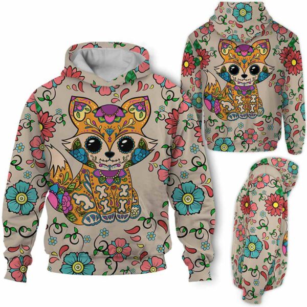 AOPH-W-Ani-SugaSkulBlacMexiFlwr-Fox-211028NA10 @ Fox Sugar Skull Black Mexican Flower-Fox Sugar Skull With Floral Pattern 3D Hoodie