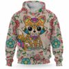 AOPH-W-Ani-SugaSkulBlacMexiFlwr-Fox-211028NA10 @ Fox Sugar Skull Black Mexican Flower-Fox Sugar Skull With Floral Pattern 3D Hoodie