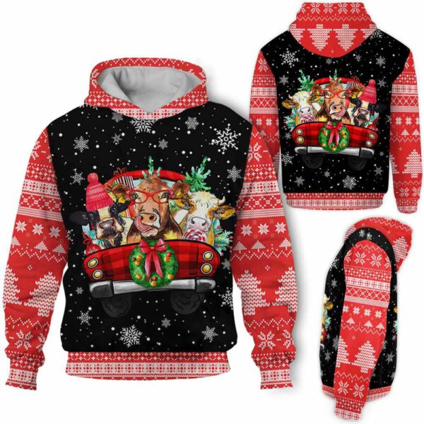 AOPH-U-Ani-RedKnitSnow-Cow-211028VY10 @ Cow Red Knitted Snow-Cow Christmas Red Knit Pattern Snow 3D Hoodie