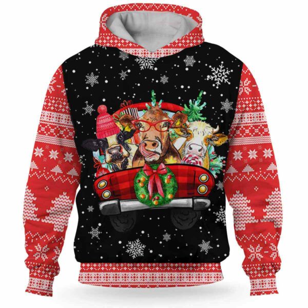 AOPH-U-Ani-RedKnitSnow-Cow-211028VY10 @ Cow Red Knitted Snow-Cow Christmas Red Knit Pattern Snow 3D Hoodie