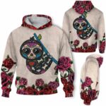 AOPH-U-Ani-SugaSkulRose-Slth-211028NA10 @ Sloth Sugar Skull Rose-Sloth Sugar Skull Red Flower 3D Hoodie