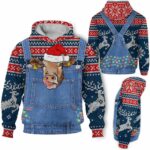 AOPH-U-Ani-FarmDungChriKnitPtn-Cow-211028VA10 @ Cow Farm Dungarees Christmas Knit Pattern-Cow Wears Santa Hat Funny Farmer Suite 3D Hoodie