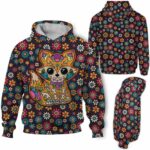 AOPH-W-Ani-SugaSkulMexiFralPtn-Fox-211028NA10 @ Fox Sugar Skull Mexico Floral Pattern-Fox Sugar Skull With Colorful Flower Pattern 3D Hoodie