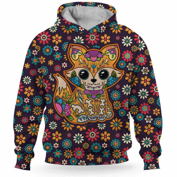 AOPH-W-Ani-SugaSkulMexiFralPtn-Fox-211028NA10 @ Fox Sugar Skull Mexico Floral Pattern-Fox Sugar Skull With Colorful Flower Pattern 3D Hoodie
