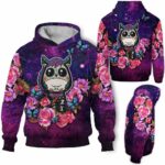 AOPH-W-Ani-SugaSkulFralSmok-Hrse-211028NA10 @ Horse Sugar Skull Floral Smoke-Horse Sugar Skull Pink Purple Flower Galaxy 3D Hoodie