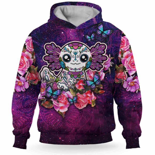 AOPH-W-Ani-SugaSkulFralSmok-Axolo-211028NA10 @ Axolotl Sugar Skull Floral Smoke-Axolotl Sugar Skull Pink Purple Flower Galaxy 3D Hoodie
