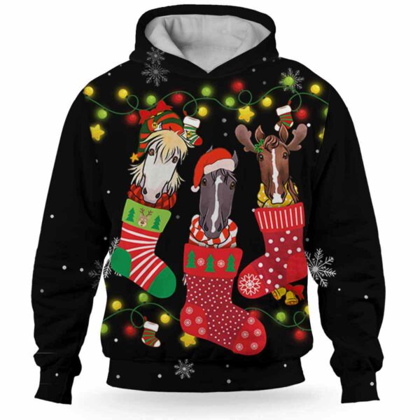 AOPH-U-Ani-CuteSockSnow-Hrse-211026VA10 @ Horse Cute Sock Snow-Horse In Cute Sock Black Pattern 3D Hoodie