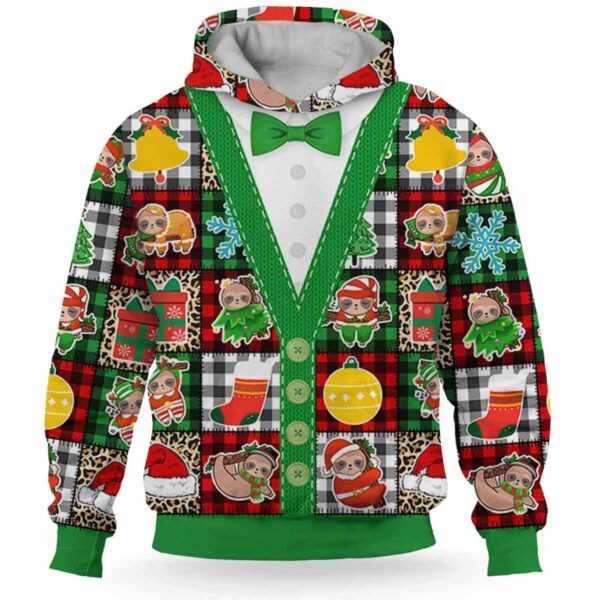 AOPH-U-Ani-PlaiColoSewiPatc-Slth-211028VA10 @ Sloth plaid colorful sewing patches-Sloth Christmas Cute Plaid Patches 3D Hoodie