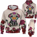 AOPH-U-Ani-SugaSkulRose-Cow-211028NA11 @ Cow Sugar Skull Rose-Cow Sugar Skull Red Flower 3D Hoodie