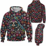 AOPH-W-Ani-SugaSkulMexiFralPtn-Slth-211028NA10 @ Sloth Sugar Skull Mexico Floral Pattern-Sloth Sugar Skull With Colorful Flower Pattern 3D Hoodie