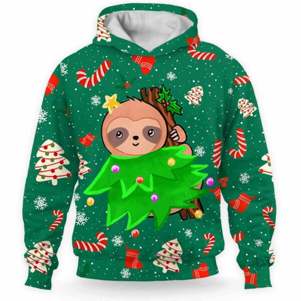 AOPH-U-Ani-TreeGreePtn-Slth-211102VY10 @ Sloth Tree Green Pattern-Sloth Christmas Tree Green 3D Hoodie