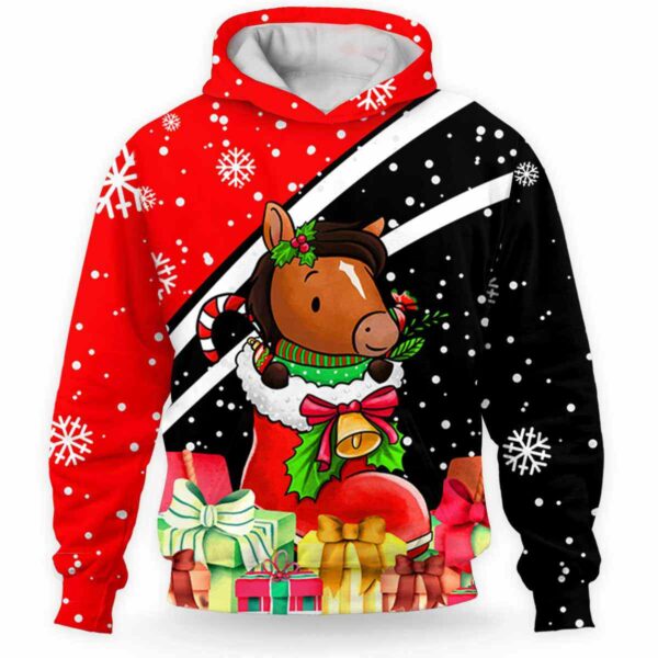 AOPH-U-Ani-HalfRedShoe-Hrse-211104VY10 @ Horse Half Red Shoe-Horse Christmas Present Red Black 3D Hoodie