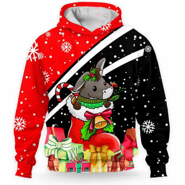 AOPH-U-Ani-HalfRedShoe-Dnk-211104VY10 @ Donkey Half Red Shoe-Donkey Christmas Present Red Black 3D Hoodie