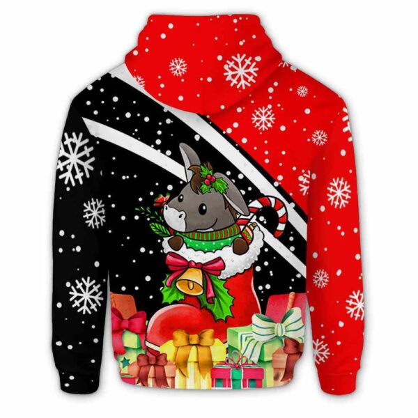 AOPH-U-Ani-HalfRedShoe-Dnk-211104VY10 @ Donkey Half Red Shoe-Donkey Christmas Present Red Black 3D Hoodie
