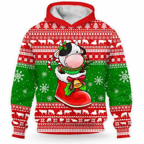 AOPH-U-Ani-RedKnitShoe-Cow-211104VY10 @ Cow Red Knitted Shoe-Cow Christmas Boot Red Knitted 3D Hoodie