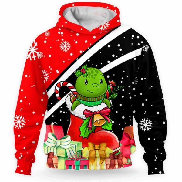 AOPH-U-Ani-HalfRedShoe-Ttle-211104VY10 @ Turtle Half Red Shoe-Turtle Christmas Present Red Black 3D Hoodie