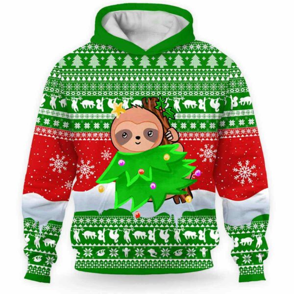AOPH-U-Ani-GreeKnitTree-Slth-211102VY10 @ Sloth Green Knitted Tree-Sloth Christmas Knitted Green 3D Hoodie