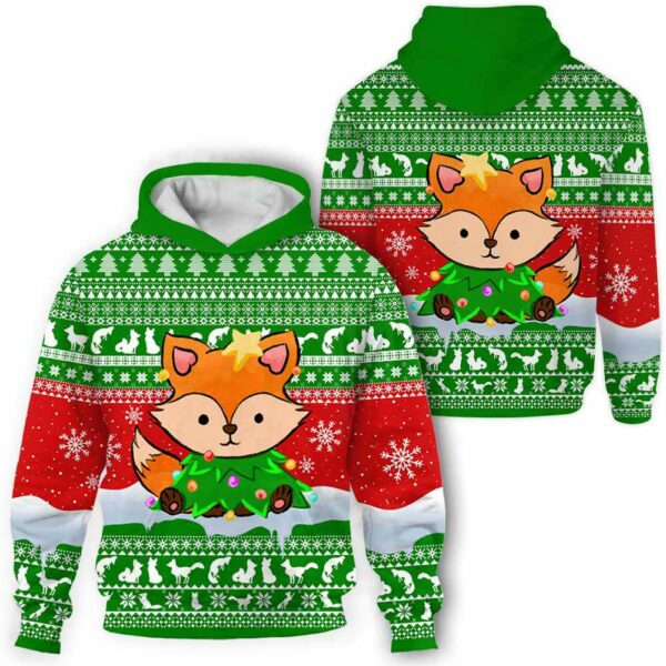 AOPH-U-Ani-GreeKnitTree-Fox-211102VY10 @ Fox Green Knitted Tree-Fox Christmas Knitted Green 3D Hoodie