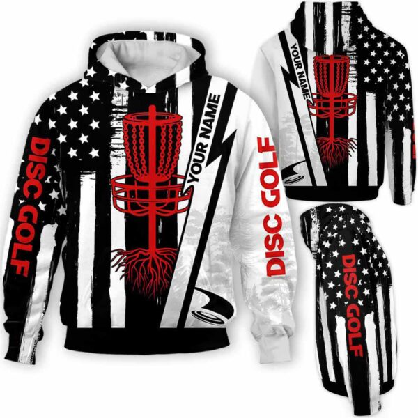 AOPH-U-Hobb-UsFlag-Dgof-211125NA10 @ Disc Golf US Flag-Disc Golf Black White Usa Flag Custom Name 3D Hoodie