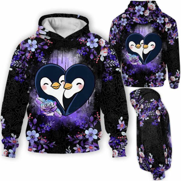 AOPH-U-Ani-FVC-Pgne-211218NA10 @ Penguin Floral Valentine cop-Penguin Floral Heart Couple Cute 3D Hoodie