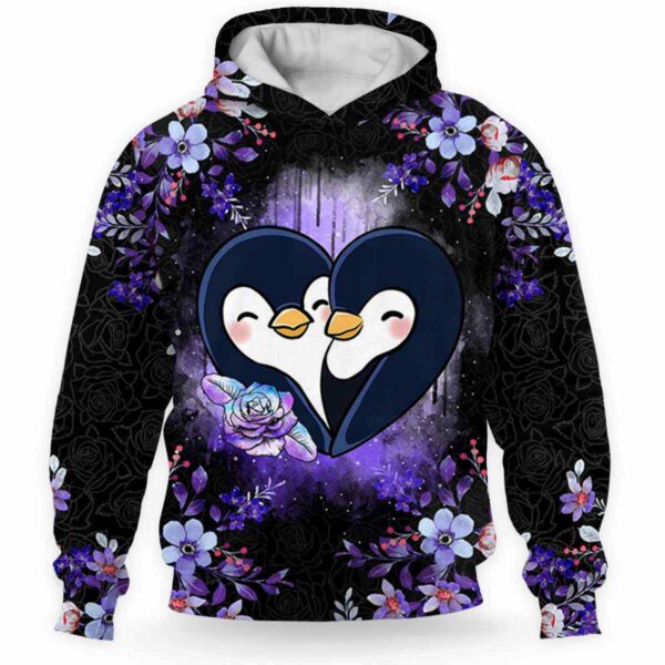 AOPH-U-Ani-FVC-Pgne-211218NA10 @ Penguin Floral Valentine cop-Penguin Floral Heart Couple Cute 3D Hoodie