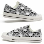 LTS-U-Hobb-RW-Skl-220124VY10 @ Skull Rose Whit-Skull Rose Black White Pattern Low Top Shoes
