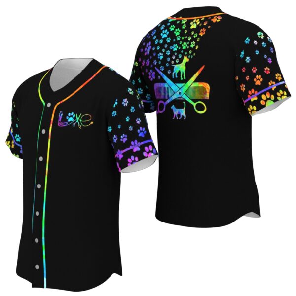 JS-U-Job-WL-Dgrm-220322VY10 @ Dog Groomer Watercolor Logo-Dog Groomer Rainbow Paw Pattern Baseball Jersey