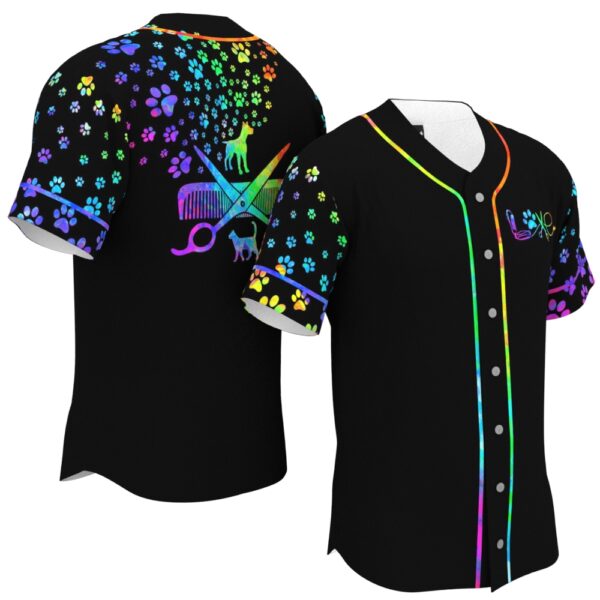 JS-U-Job-WL-Dgrm-220322VY10 @ Dog Groomer Watercolor Logo-Dog Groomer Rainbow Paw Pattern Baseball Jersey