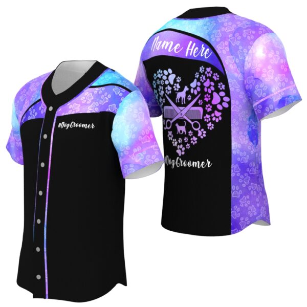 JS-U-Job-PHTP-Dgrm-220322VY10 @ Dog Groomer Paw Heart Teal PurJSe-Dog Groomer Purple Heart Paw Pattern Baseball Jersey