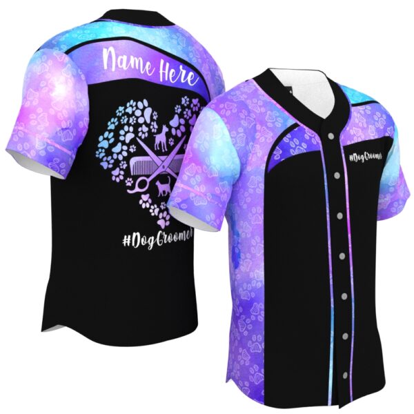 JS-U-Job-PHTP-Dgrm-220322VY10 @ Dog Groomer Paw Heart Teal PurJSe-Dog Groomer Purple Heart Paw Pattern Baseball Jersey