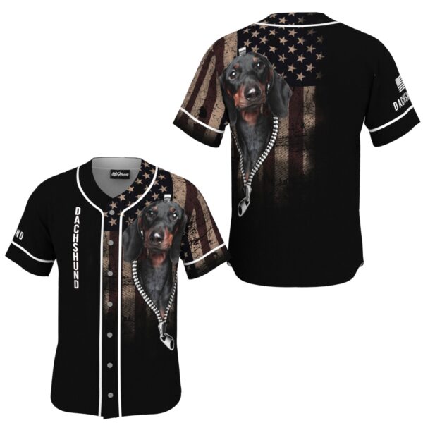 JS-U-Dog-ZF-Dach-220322NA10 @ Dachshund Zipper Flag-Dachshund Zipper Usa Flag Baseball Jersey
