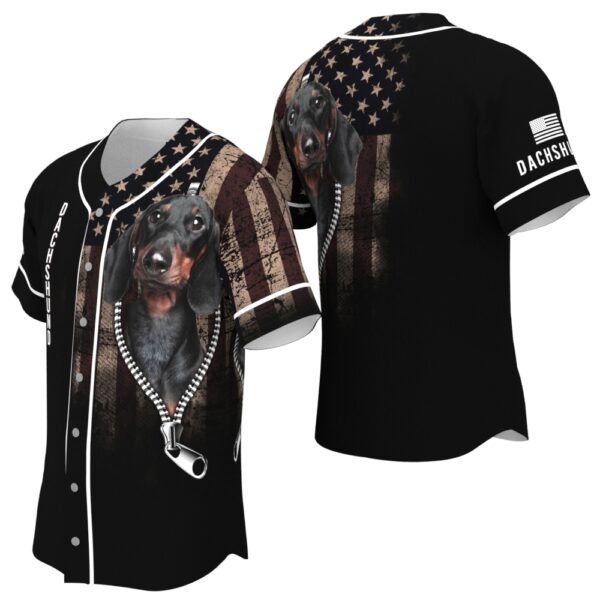 JS-U-Dog-ZF-Dach-220322NA10 @ Dachshund Zipper Flag-Dachshund Zipper Usa Flag Baseball Jersey