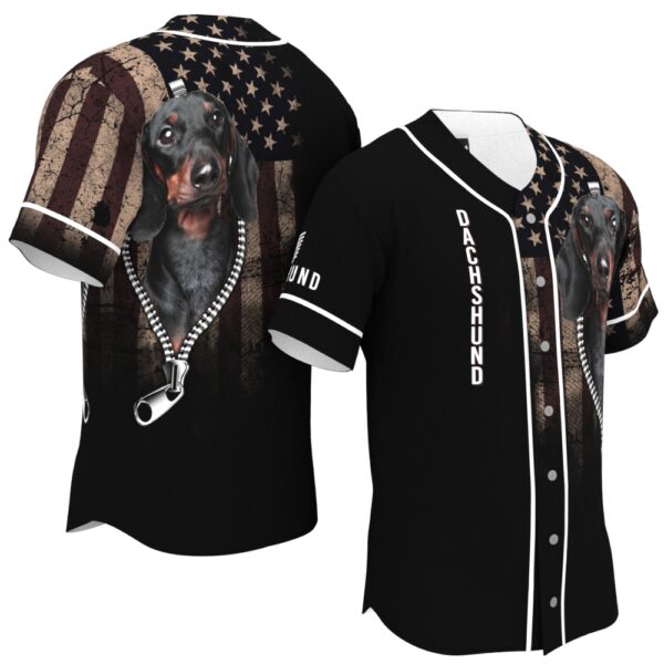 JS-U-Dog-ZF-Dach-220322NA10 @ Dachshund Zipper Flag-Dachshund Zipper Usa Flag Baseball Jersey