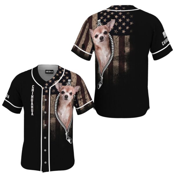 JS-U-Dog-ZF-CHua-220322NA10 @ Chihuahua Zipper Flag-Chihuahua Zipper Usa Flag Baseball Jersey