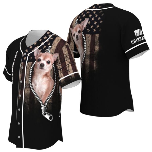 JS-U-Dog-ZF-CHua-220322NA10 @ Chihuahua Zipper Flag-Chihuahua Zipper Usa Flag Baseball Jersey