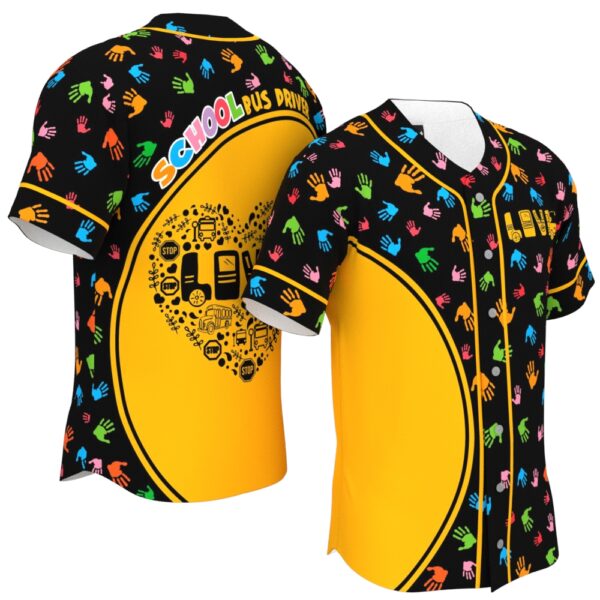 JS-U-Job-CSB-Sbdr-220322VY10 @ Bus Driver Colorful School Bus-School Bus Driver Retro Colorful Hand Pattern Baseball Jersey