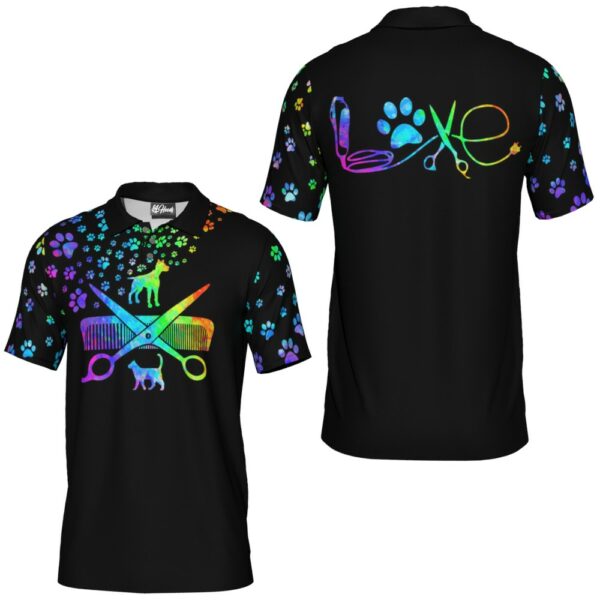 PL-U-Job-WL-Dgrm-220322NA10 @ Dog Groomer Watercolor Logo-Dog Groomer Rainbow Paw Pattern Polo Shirt