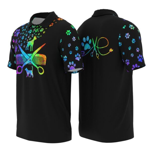 PL-U-Job-WL-Dgrm-220322NA10 @ Dog Groomer Watercolor Logo-Dog Groomer Rainbow Paw Pattern Polo Shirt