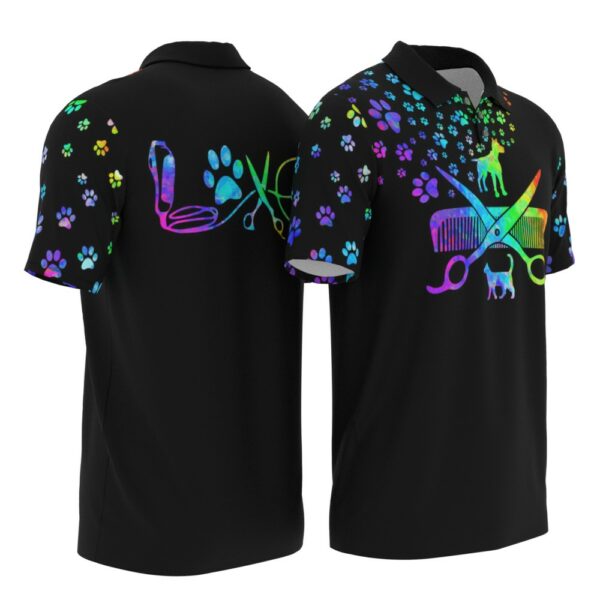 PL-U-Job-WL-Dgrm-220322NA10 @ Dog Groomer Watercolor Logo-Dog Groomer Rainbow Paw Pattern Polo Shirt