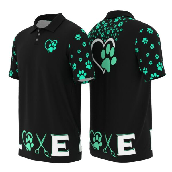 PL-U-Job-LTT-Dgrm-220322NA10 @ Dog Groomer Love Tools Teal-Dog Groomer Teal Heart Paw Pattern Polo Shirt