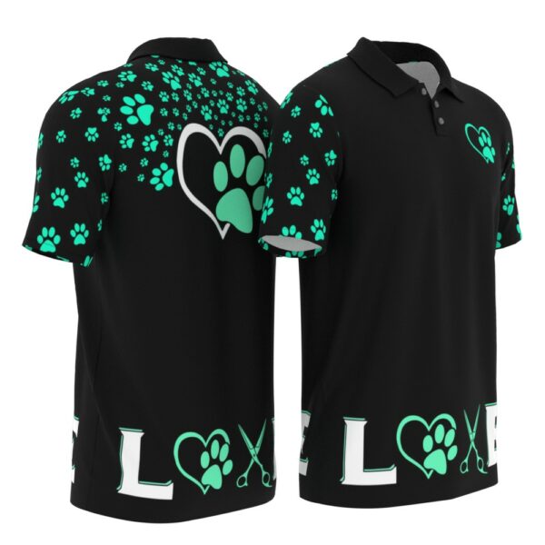 PL-U-Job-LTT-Dgrm-220322NA10 @ Dog Groomer Love Tools Teal-Dog Groomer Teal Heart Paw Pattern Polo Shirt