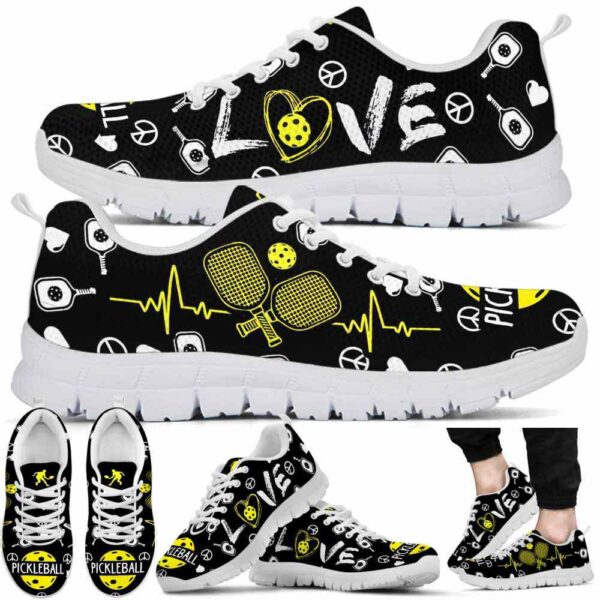 SS-U-Hobb-PLPH-Pklb-210608VY10 @ Pickleball Peace Love Pattern Heartbeat-Pickleball Love Yellow Heartbeat Sneakers