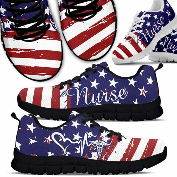 SS-U-Nur-AF-Nur-220610NA10 @ Nurse American Flag-Nurse Usa Flag Heartbeat Sneakers