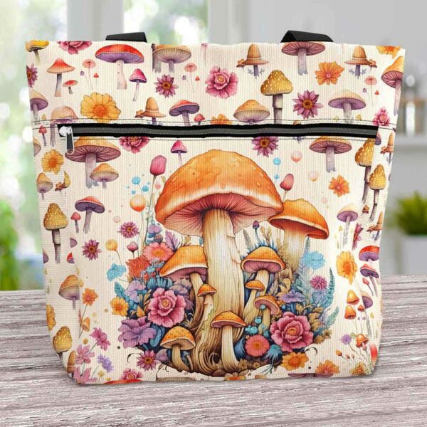 T3-U-Hobb-SF-Mrom-240131NA10 @ Mushroom Sketchy Flowers-Mushroom Flower Pattern Tote Bag