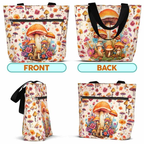 T3-U-Hobb-SF-Mrom-240131NA10 @ Mushroom Sketchy Flowers-Mushroom Flower Pattern Tote Bag