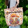 T3-U-Hobb-SF-Mrom-240131NA10 @ Mushroom Sketchy Flowers-Mushroom Flower Pattern Tote Bag