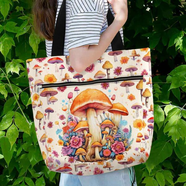T3-U-Hobb-SF-Mrom-240131NA10 @ Mushroom Sketchy Flowers-Mushroom Flower Pattern Tote Bag