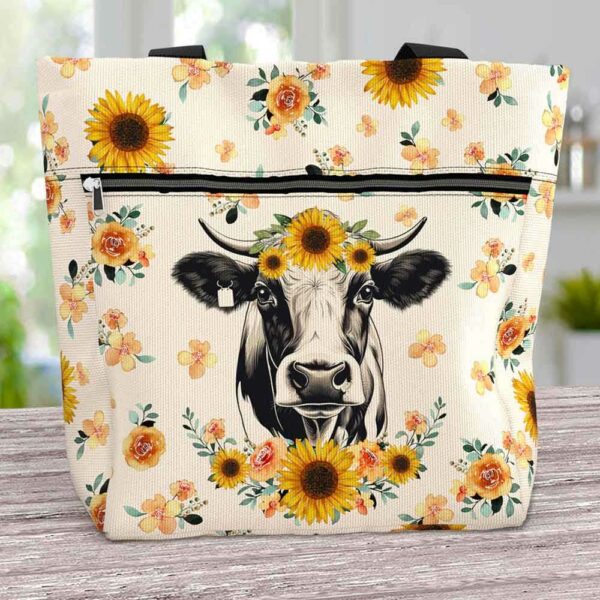 T3-U-Ani-S-Cow-240131NA10 @ Cow Sunflower-Cow Sunflower Pattern Tote Bag