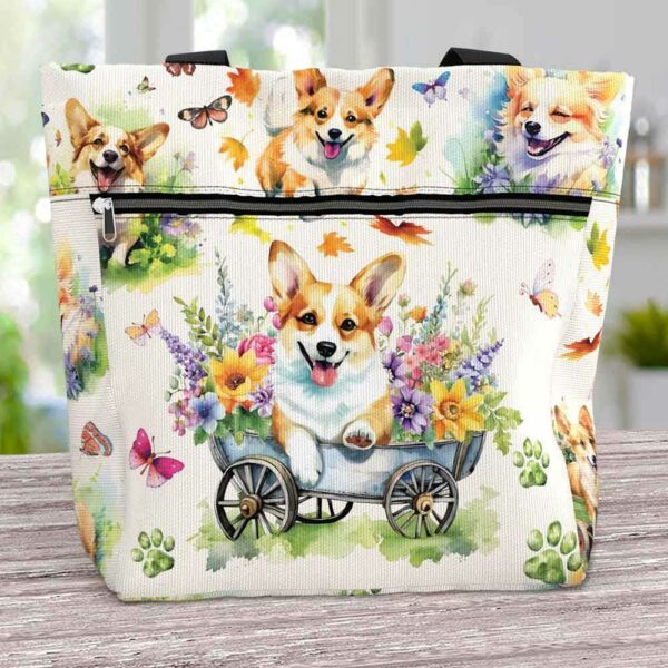 T3-U-Dog-PF-Corgi-230711NA11 @ Corgi Pattern Flowers-Corgi Flower Garden Tote Bag