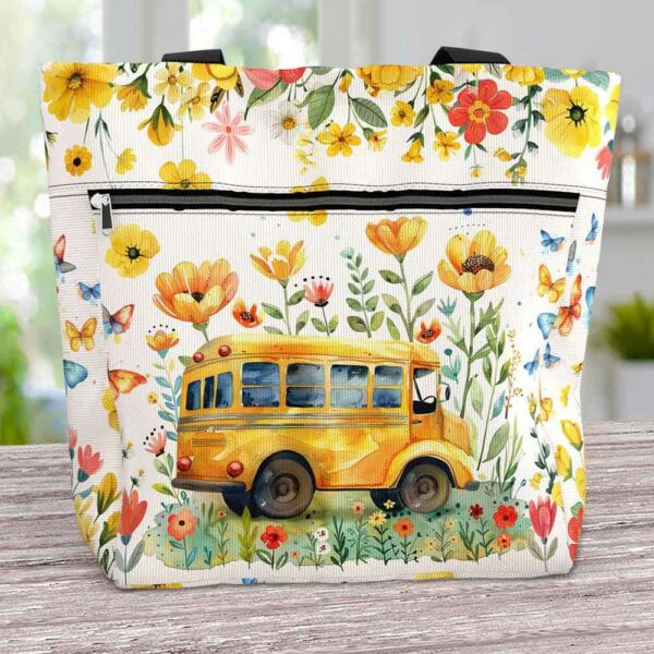 T3-U-Job-F-Sbdr-240406VY10 @ Bus Driver Flowers-School Bus Driver Flower Pattern Tote Bag